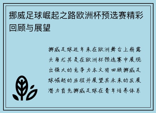 挪威足球崛起之路欧洲杯预选赛精彩回顾与展望